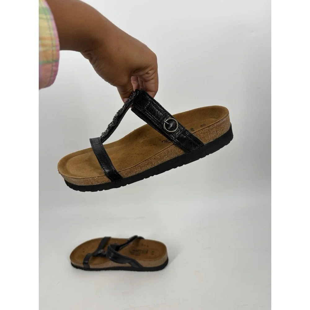 Naot Malibu Black Sandals Size 40 / 9 Leather Rhinestone T-Strap Slide Cork